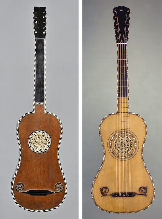 Gauche : guitare de Pierre Louvet, Paris 1760, © Jacques-Henri Bayle /// Droite : guitare de Lambert, Paris 1775, © D.R