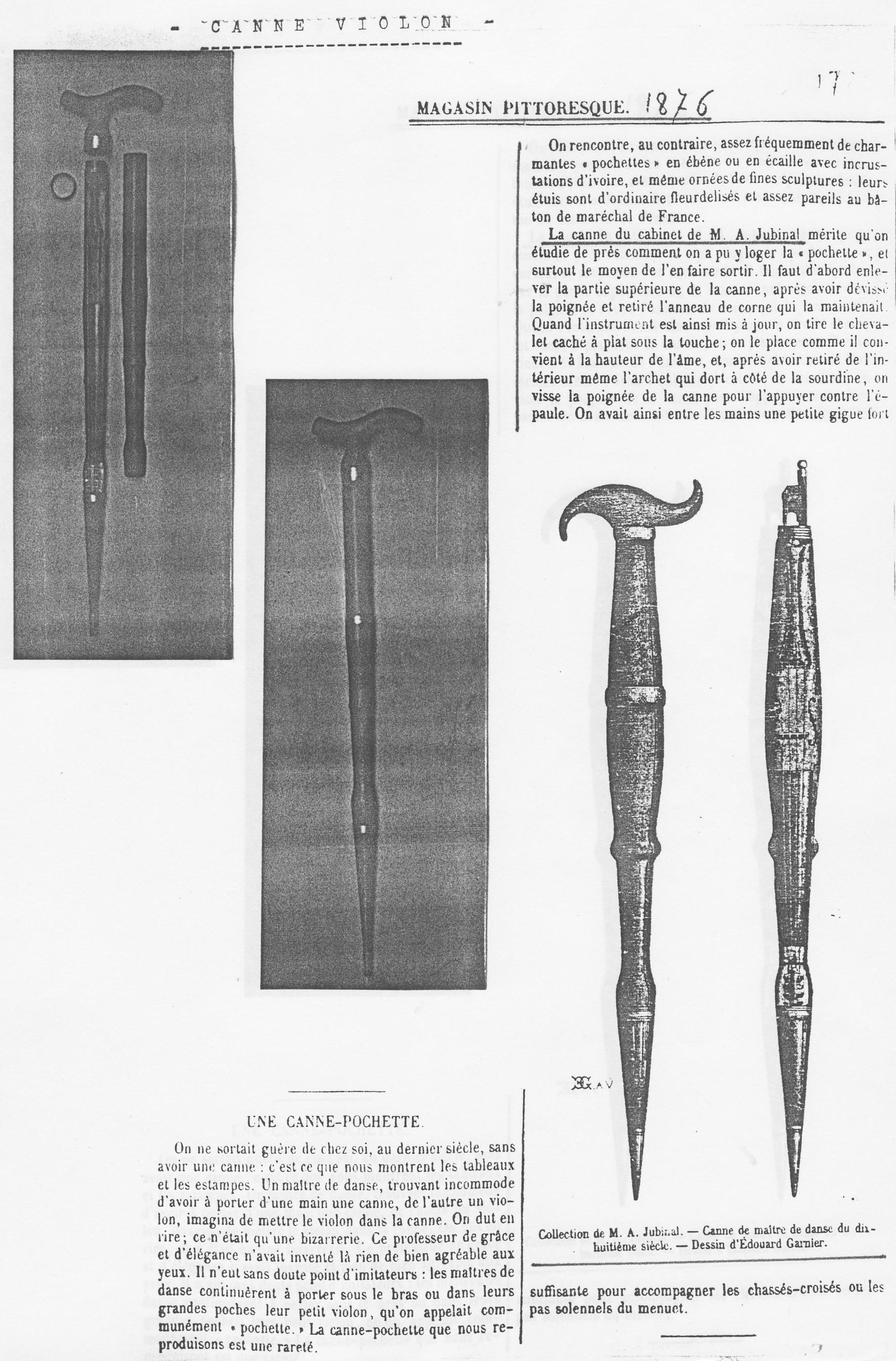 Texte sur la canne violon extrait de la revue " Magasin Pittoresque " (1876) - Collection Achille JUBINAL
