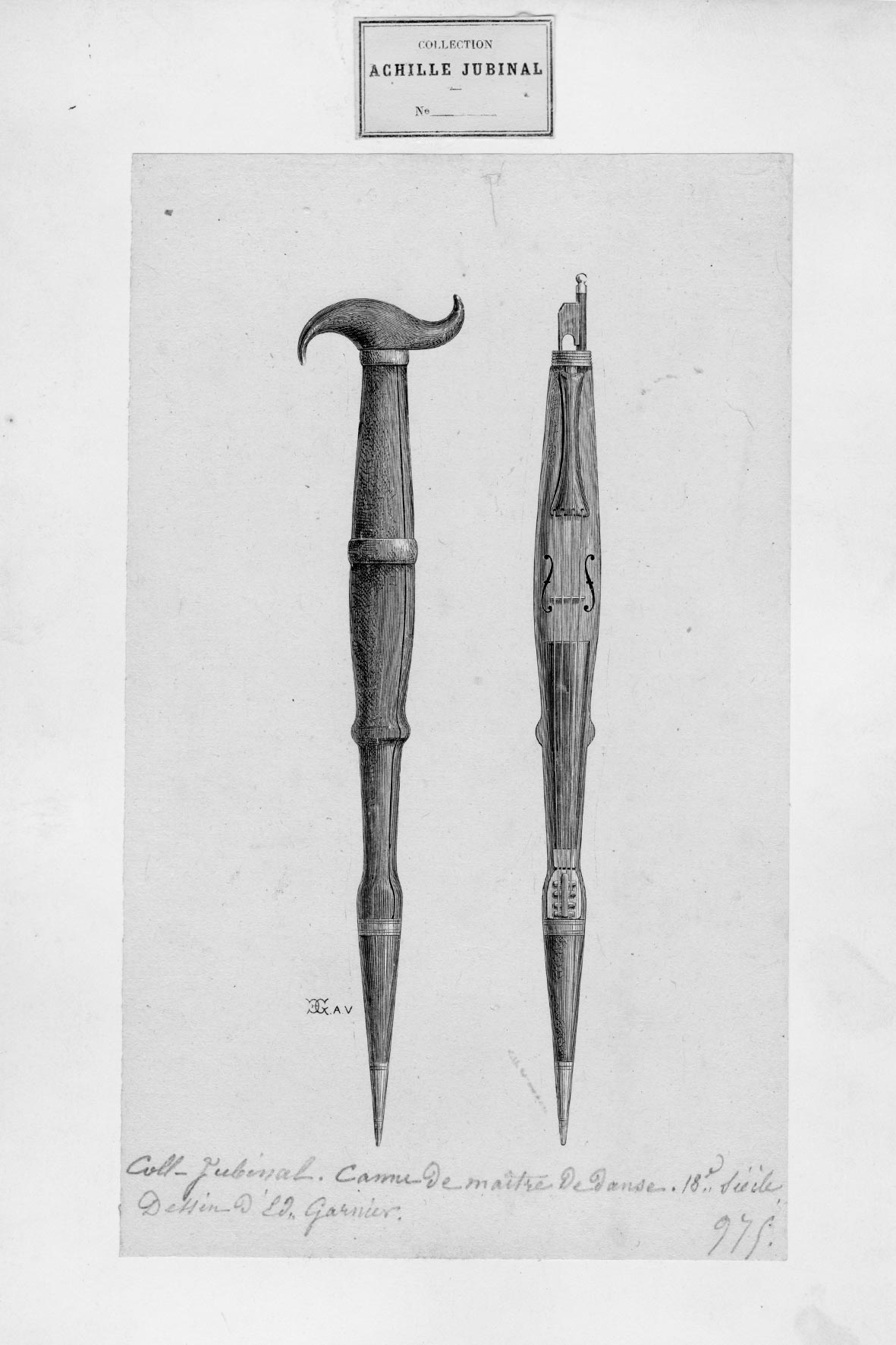 Dessin de la canne violon par E. GARNIER (1876) - Collection Achille JUBINAL