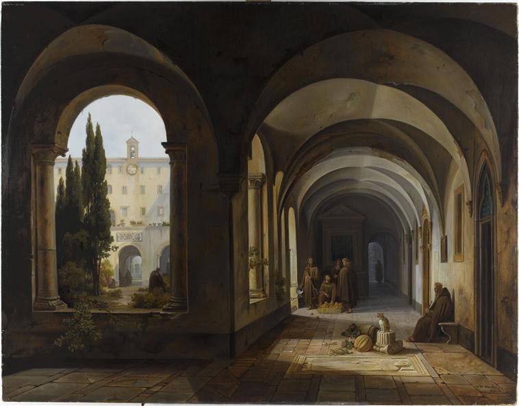Peinture "Moines dans le cloître de S. Maria"