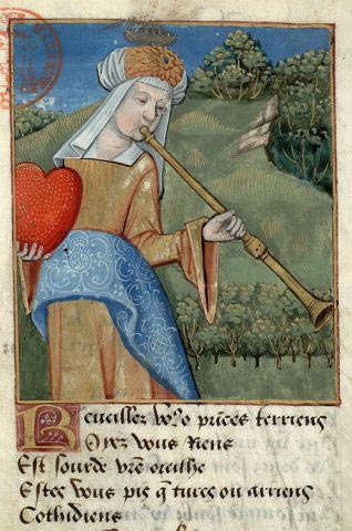 Charité jouant de la chalemie, enluminure, XVeme siècle, Paris
