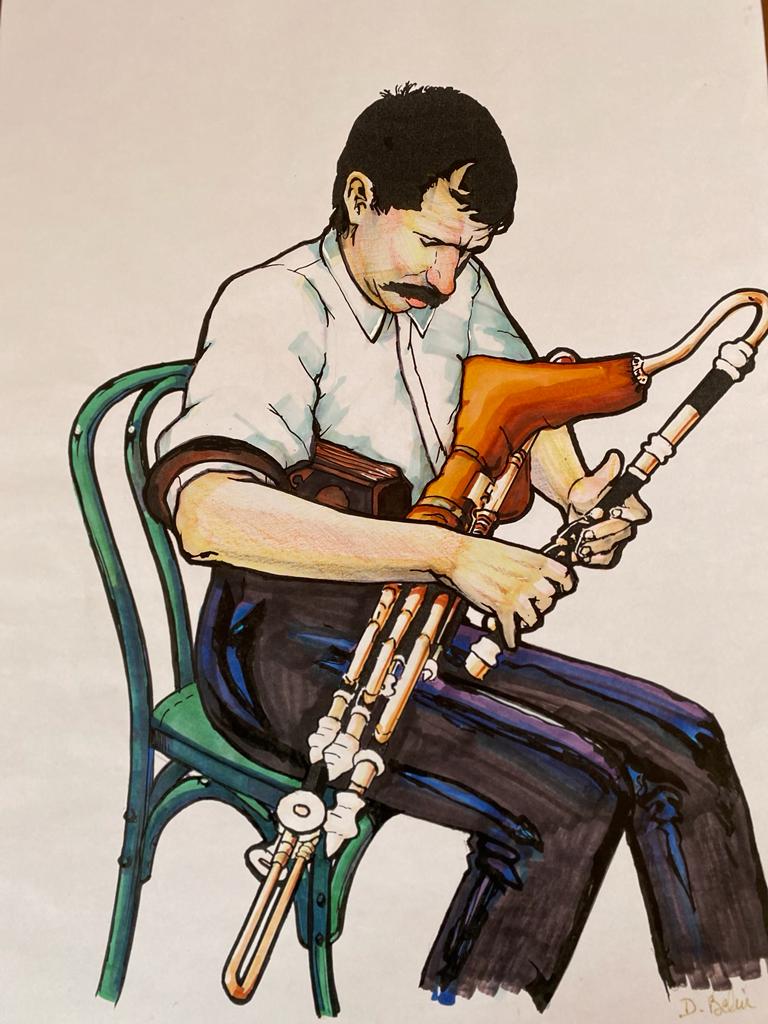 Marc Guilloux jouant du uilleann pipes. Dessin de Daniel Belin