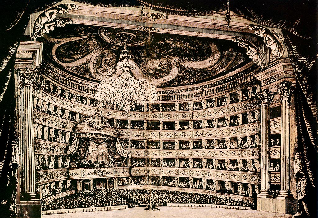 La salle du Teatro Regio au milieu du XIXe siècle, gravure attribuée à Francesco Gonin
