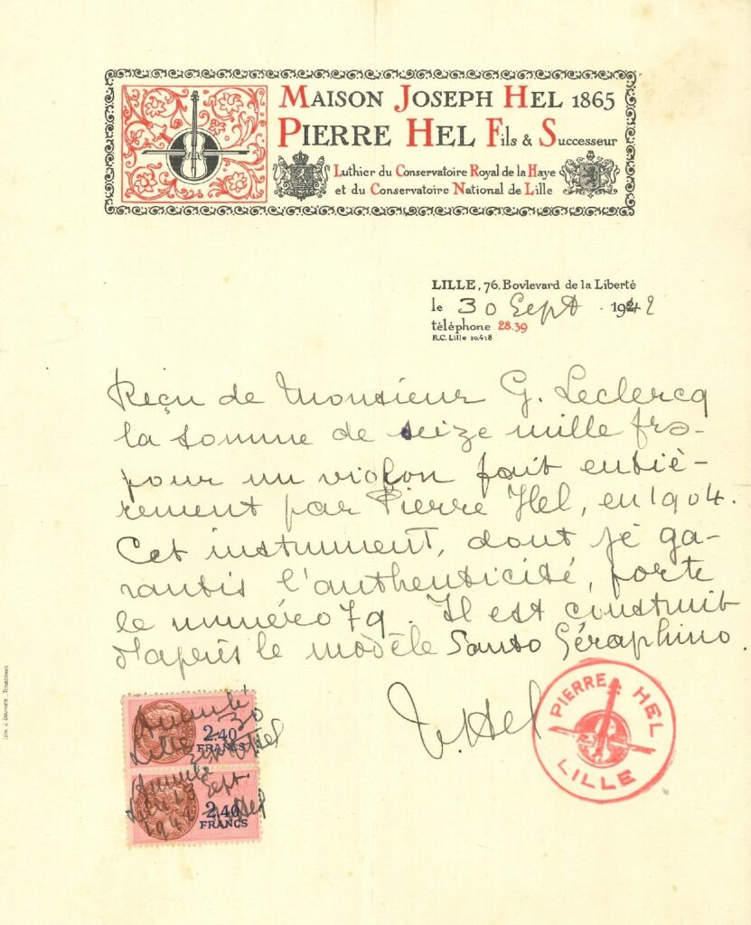 Maison Joseph Hel, Pierre Hel Fils, Reçu pour un violon de Pierre Hel en modèle Santo Séraphino de 1904, Archives Vichy Enchères