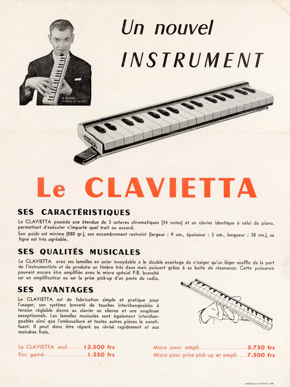 Publicité sur le clavietta, instrument inventé par André Borel