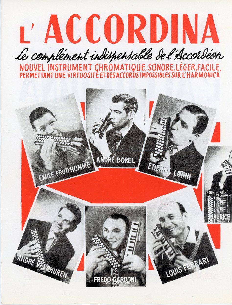 Publicité sur l'accordina, instrument inventé par André Borel