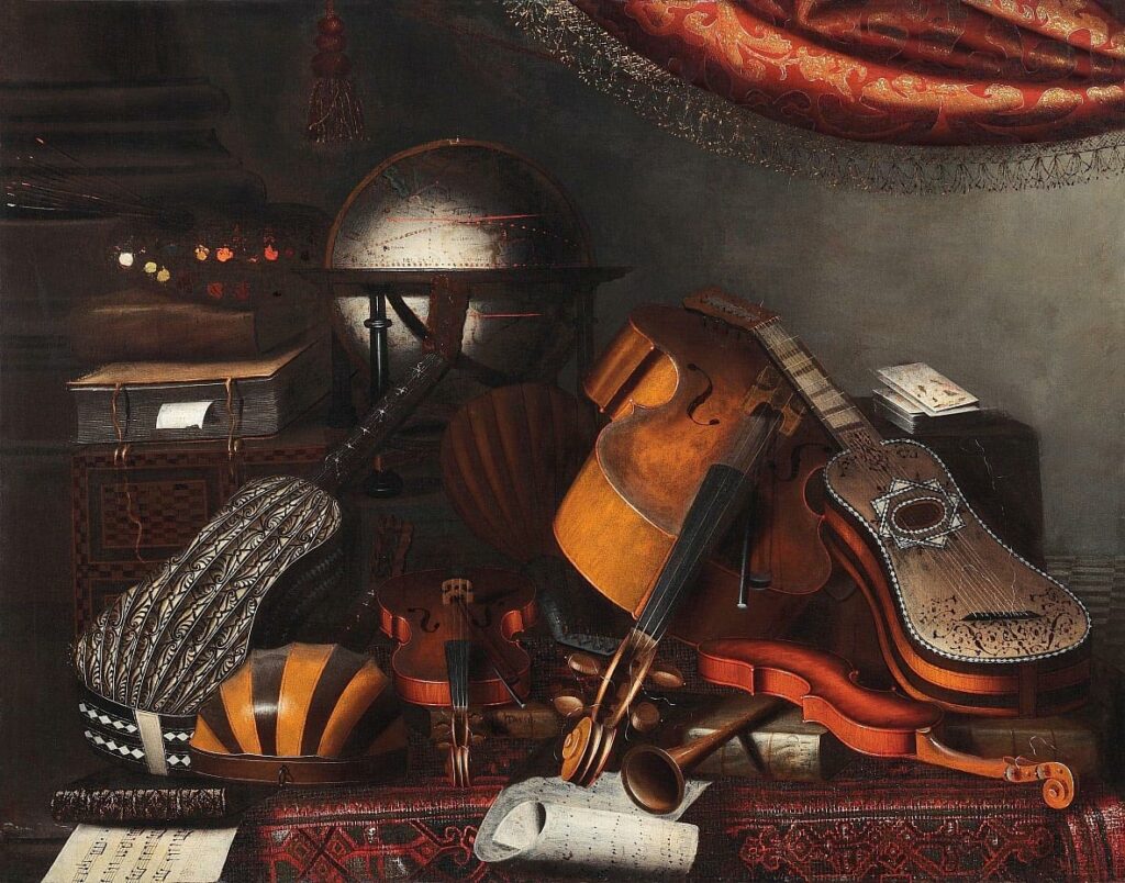Bartolomeo Bettera, Nature morte aux instruments de musique, deuxième moitié du XVIIème siècle, Bergame, collection privée