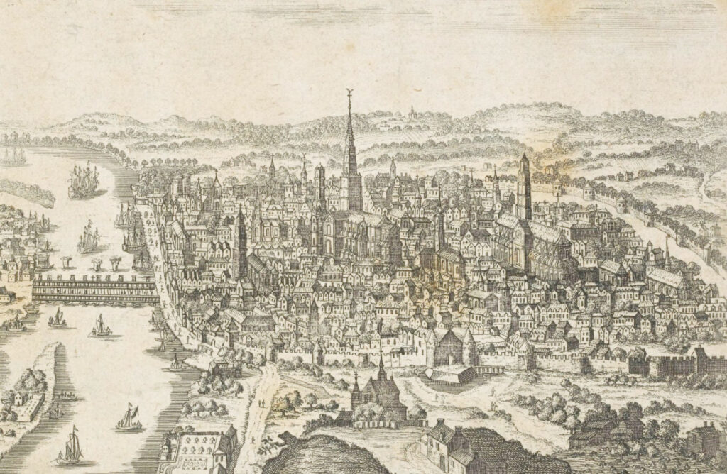 Rouen au XVIIIe siècle, dominée par la cathédrale au centre et l’abbatiale Saint-Ouen à droite. Estampe. ©GallicaBNF