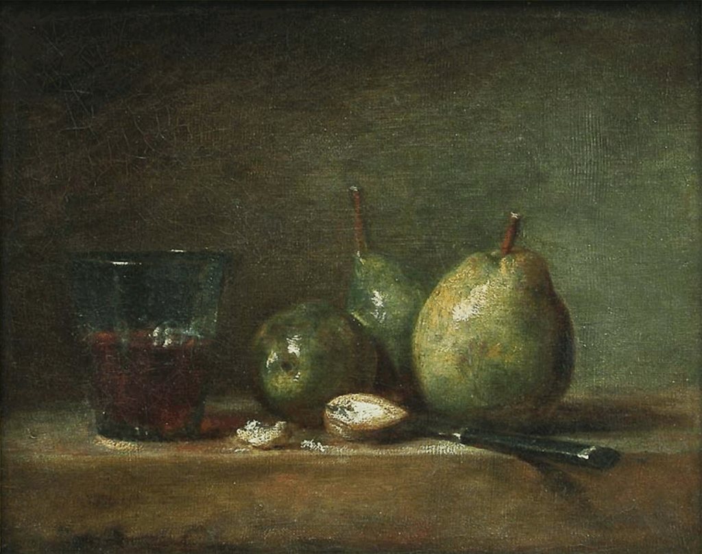 Jean Siméon Chardin, Poires, noix et verre de vin, 1768.
