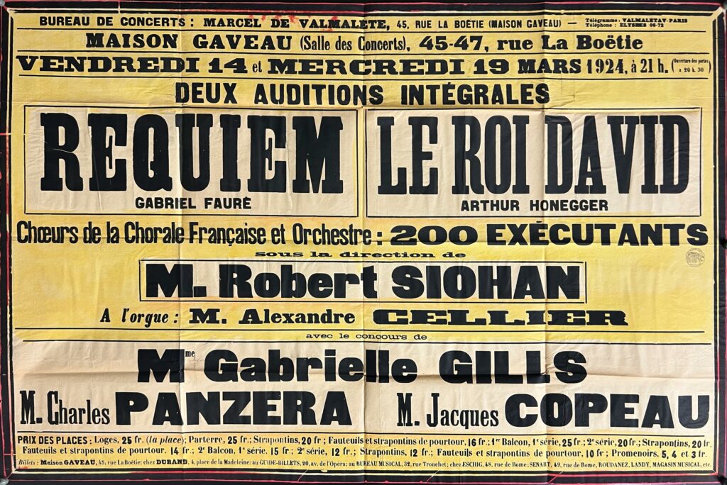 Affiche originale de la première de Le Roi David, d'Arthur Honegger, à la salle Gaveau à Paris en 1924.