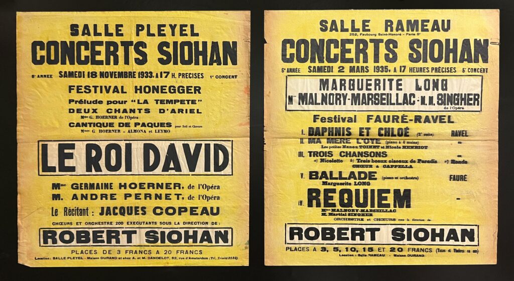 Affiches des concerts Siohan salle Pleyel et salle Rameau en 1933 et 1935.