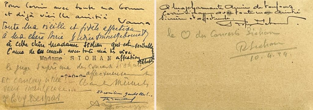 Carte dactylographiée "Madame Siohan" avec signatures et compliments.