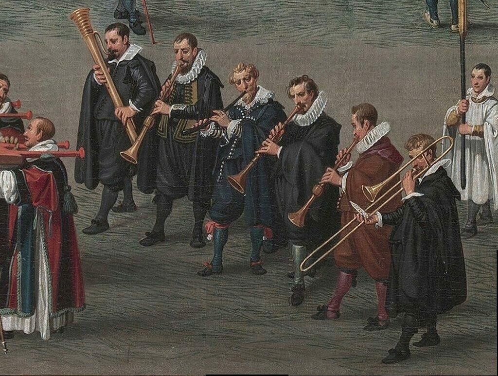 Denis van Asloot - Procession en l'honneur de Notre Dame des Sablons de Bruxelles -détail de musiciens avec un joueur de doucaine base à gauche.