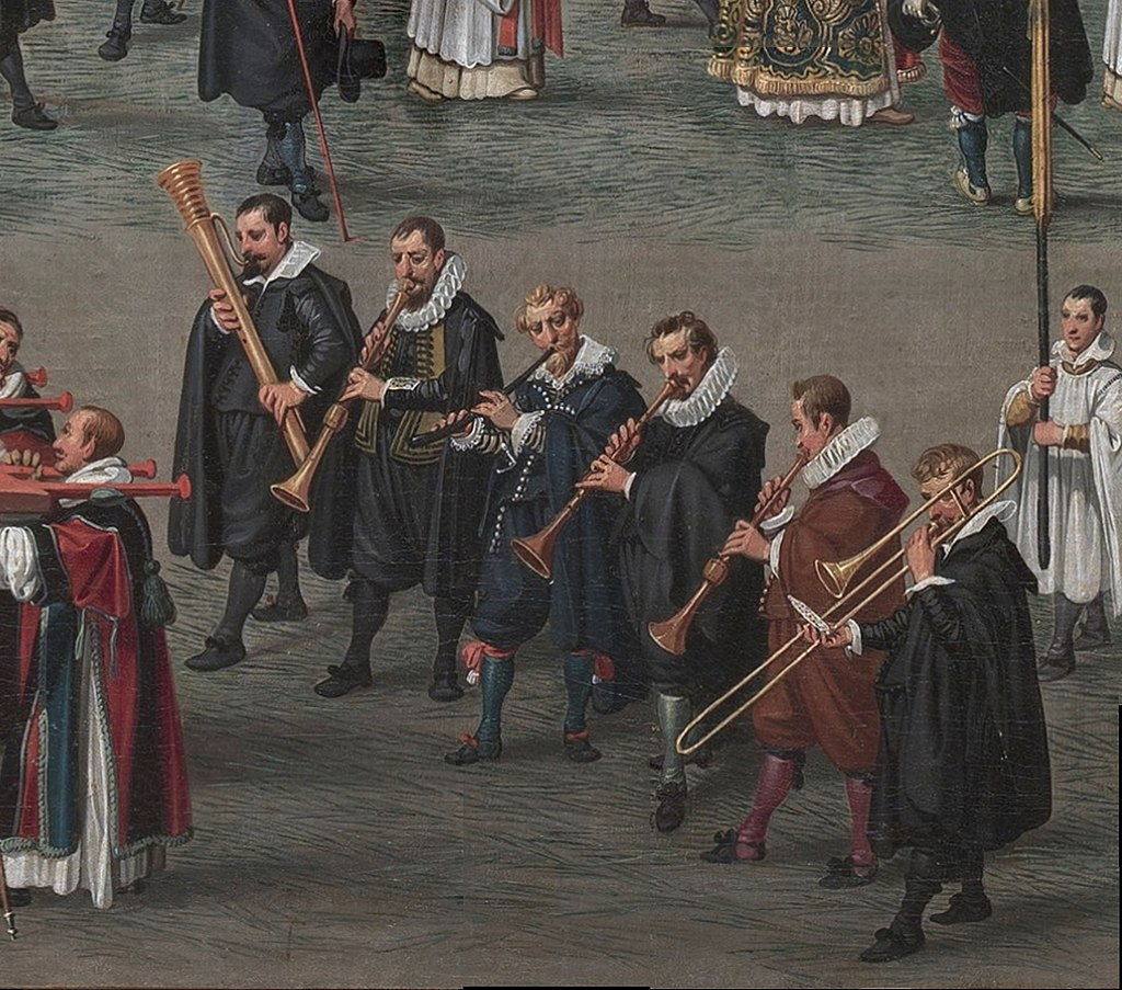 Denis van Asloot, "Procession d'honneur à Notre Dame du Sablon" à Bruxelles - détail musiciens avec joueur de douçaine basse à gauche.