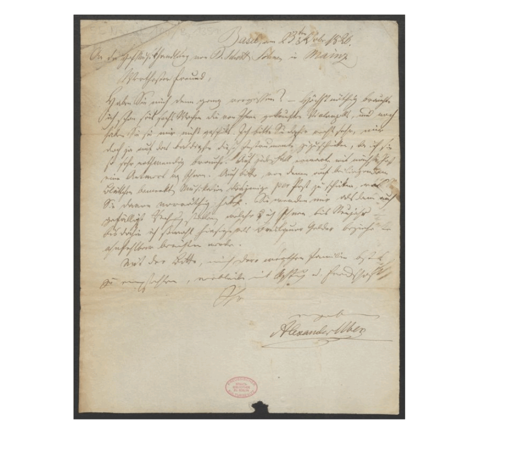 Lettre d'Aelxandre Uber à B. Schott Söhne, le 23 février 1826 - Staatsbibliothek zu Berlin.
