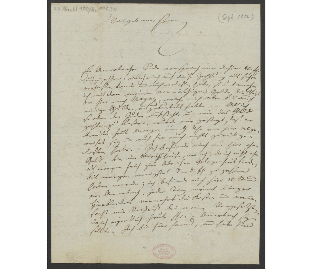 Lettre d'Aelxandre Uber à B. Schott Söhne , 1812 - Schott archiv - Staatsbibliothek zu Berlin