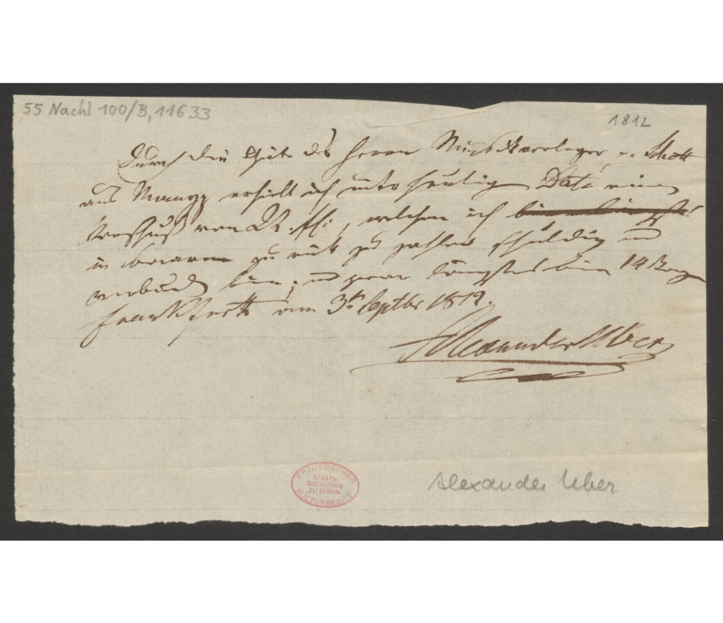 Lettre d'Aelxandre Uber à un inconnu, 1812 - Schott archiv - Staatsbibliothek zu Berlin
