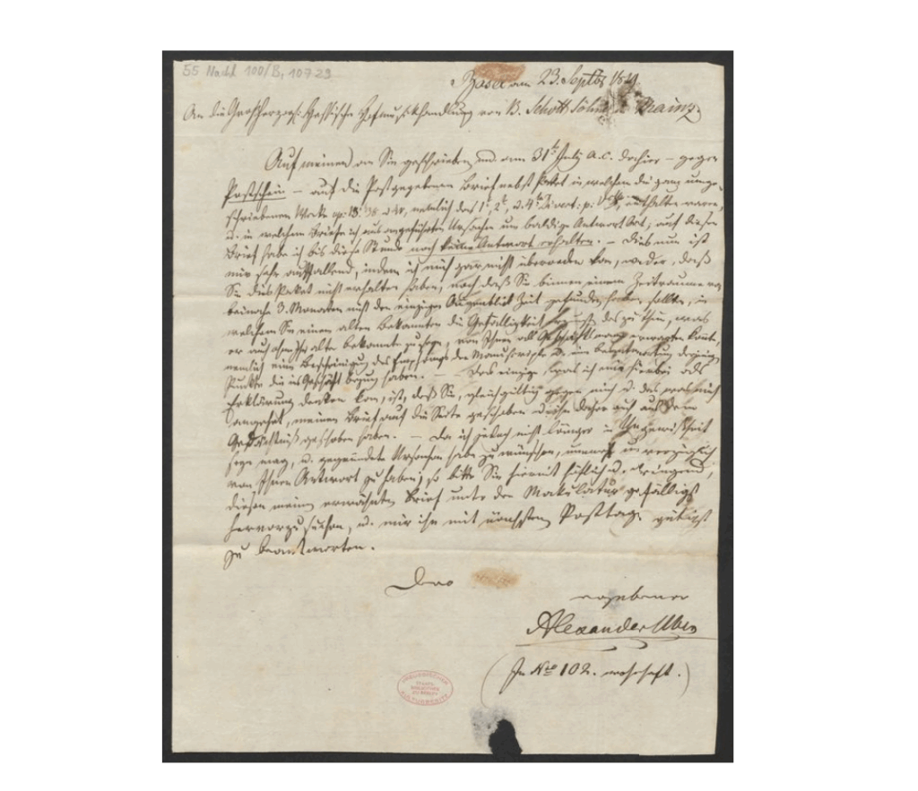 Lettre d'Aelxandre Uber à B. Schott Söhne - 23 septembre 1819 - Schott archiv - Staatsbibliothek zu Berlin