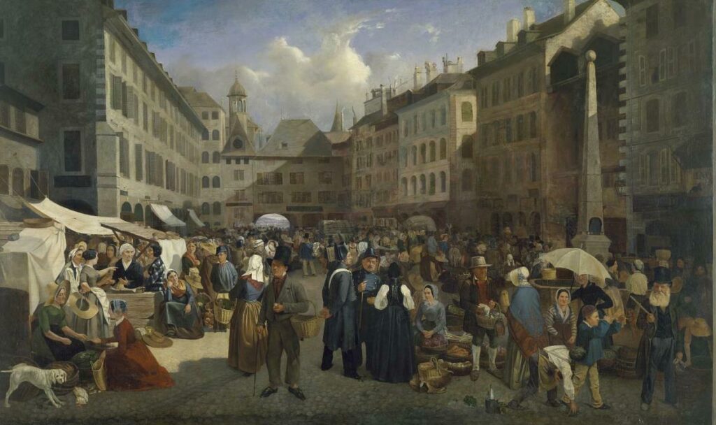 La place du Molard, tableau de Germain Lacombe - 1843 - Musée d'art et d'histoire de Genève - donation par souscription en 1903. ©J.M. Yersin