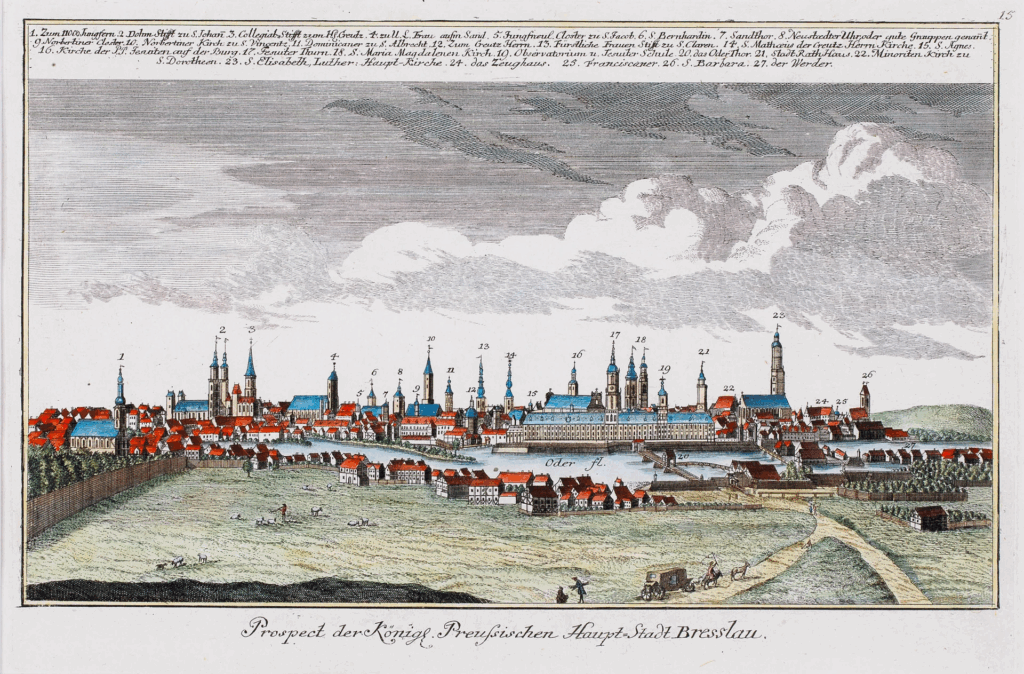 Johann David Schleuen, "Prospect der König", Stadt Breslau - gravure - 1780.