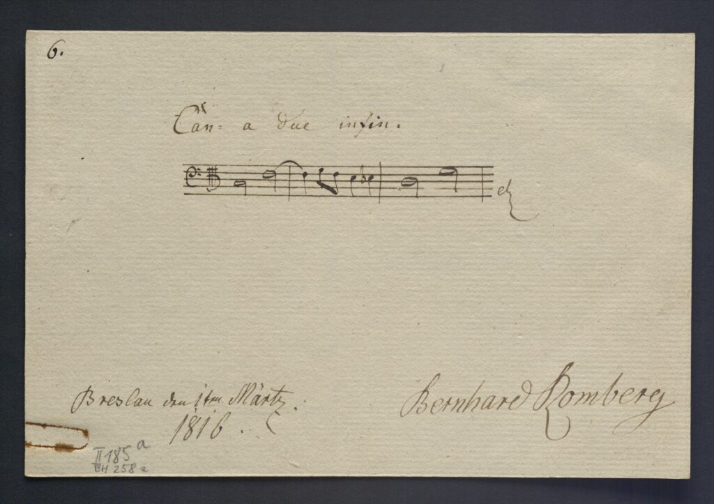 Bernhard Romberg - Kanon zu 2 Stimmen - Breslau - 1. März 1816 - autograph - Stammbucheintrag Beethoven-Haus Bonn, BH 258a.