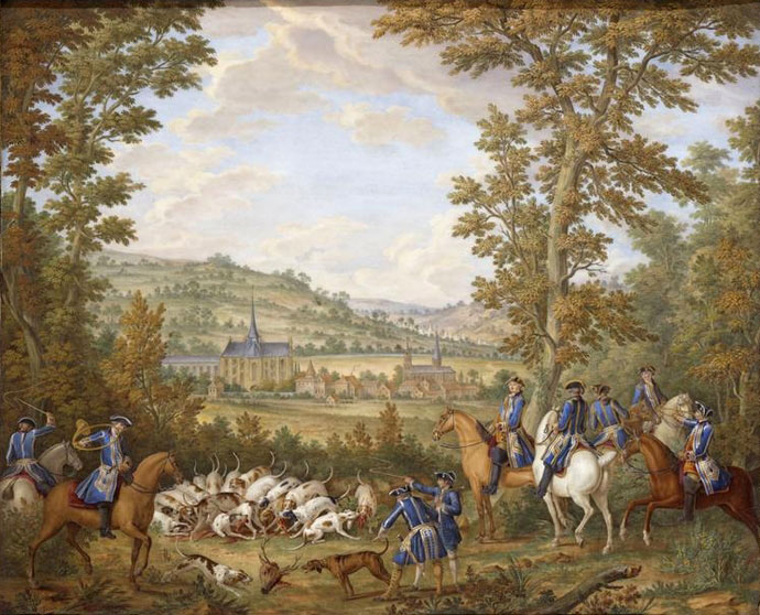 Charles-Nicolas Dodin (d'ap Oudry) - La grande curée du cerf en forêt de Saint-Germain-en-Laye, en vue de l'abbaye de Poissy