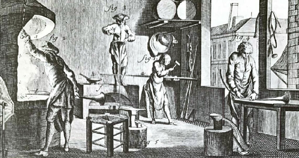 Diderot et d'Alembert, Atelier de fabrication de trompes au XVIIIe siècle, reproduit dans Joël Bouëssée, La trompe de chasse et Gaston de Marolles