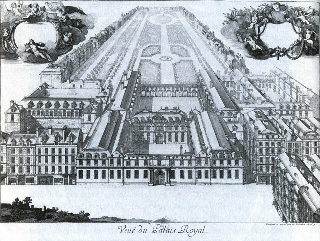 Gilles Jodelet de La Boissière, Vue du Palais-Royal, en 1679. Le théâtre était dans l'aile Est, à droite, vers 1675