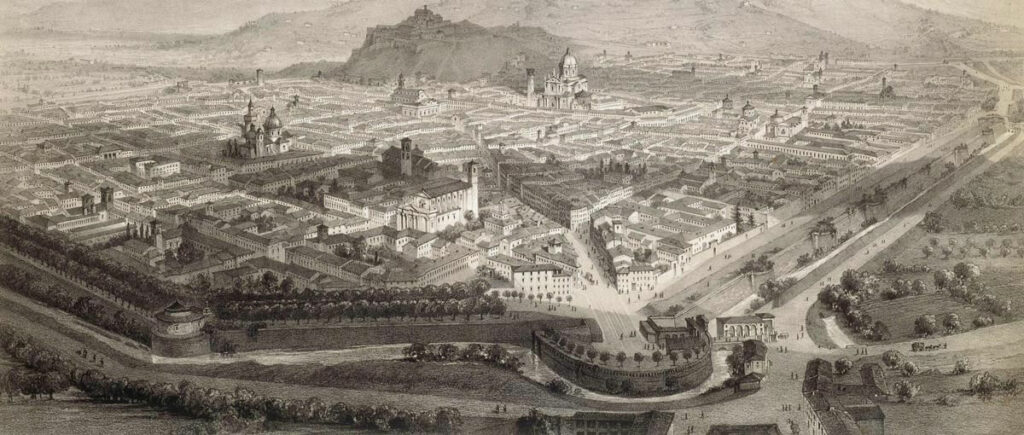 A. Guesdon, Brescia, vue prise au-dessus de la porte Santo Nazzaro, extraite de H. Etiennez, L'Italie à vol d'oiseau, Paris, 1852, BnF