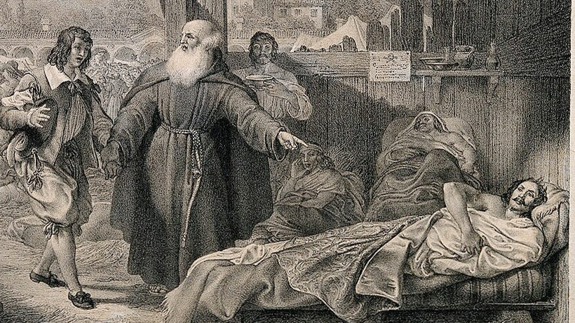 A monk visiting the victims of the great plague of Milan, tirée de Manzoni, I promessi sposi, Lithographie de G. Gallina d'A. Manzoni.