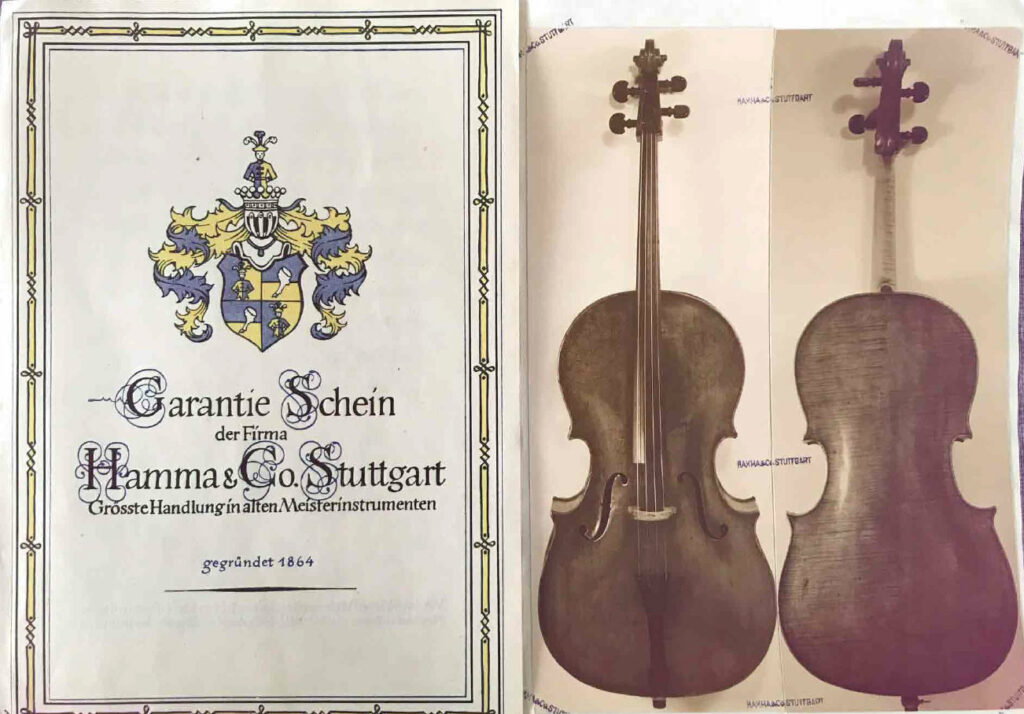 Certificat de garantie du violoncelle de la Maison Hamma