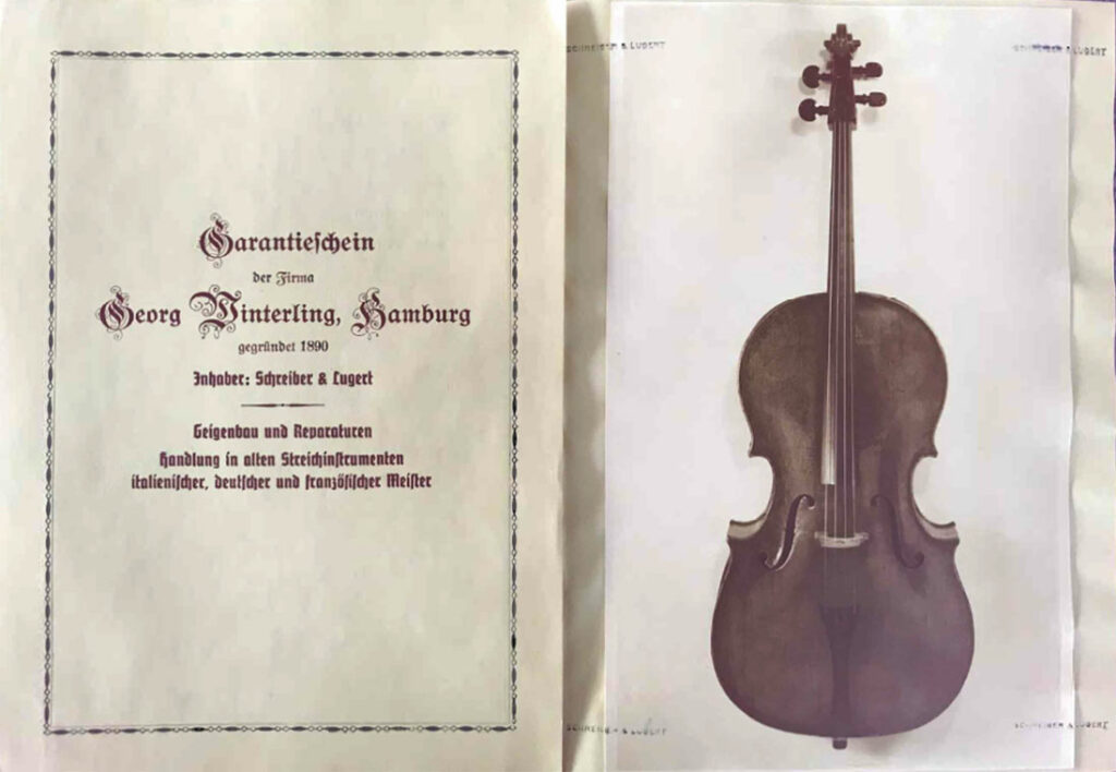 Certificat de garantie du violoncelle de la Maison Geogr Winterling, Hambourg