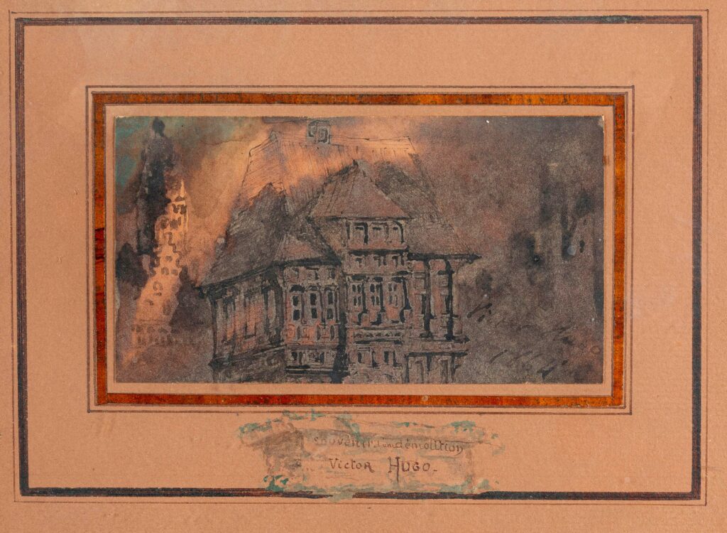 Victor HUGO (1802-1885) Souvenir d’une démolition Plume et encre brune, lavis brun avec de légers rehauts de gouache et d’aquarelle, 7 x 12,8 cm Signé et daté « Victor Hugo 1864 » Expert : Cabinet de Bayser Œuvre mise en vente par Vichy Enchères le 13 août 2026 © Vichy Enchères / Photo C. Darbelet
