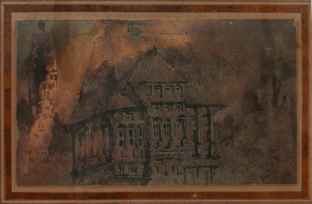 Victor HUGO (1802-1885) Souvenir d’une démolition Plume et encre brune, lavis brun avec de légers rehauts de gouache et d’aquarelle, 7 x 12,8 cm Signé et daté « Victor Hugo 1864 » Expert : Cabinet de Bayser Œuvre mise en vente par Vichy Enchères le 13 août 2026 © Vichy Enchères / Photo C. Darbelet