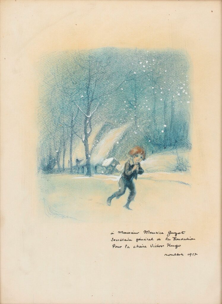 Francisque POULBOT (1879 -1946). Enfant dans un paysage enneigé Pastel et gouache signée en bas à droite, datée 1927 et dédicacée à Monsieur Maurice Guyot