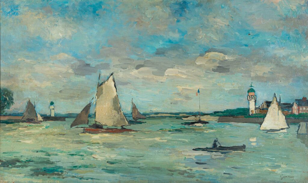 Paul Élie GERNEZ (1888-1948). Sortie de régates au large Huile sur panneau signée