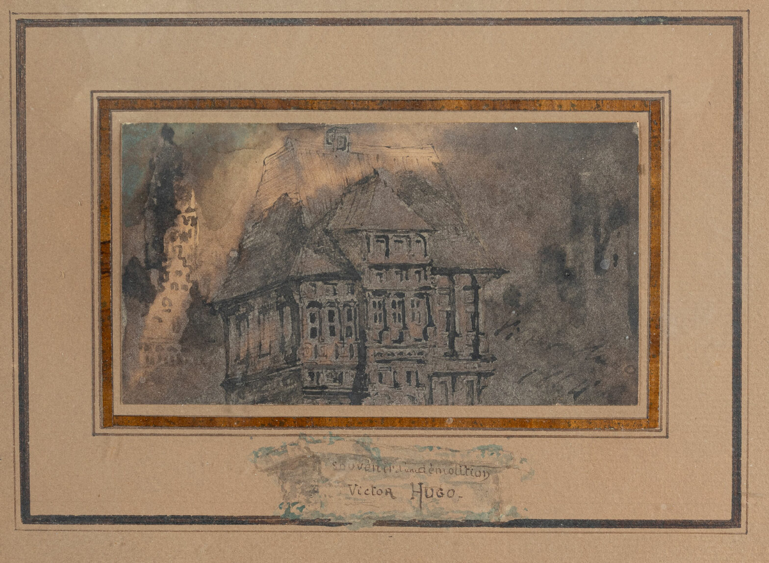 Victor HUGO (1802-1885) Souvenir d’une démolition Plume et encre brune, lavis brun avec de légers rehauts de gouache et d’aquarelle, 7 x 12,8 cm Signé et daté « Victor Hugo 1864 » Expert : Cabinet de Bayser Œuvre mise en vente par Vichy Enchères le 13 août 2026 © Vichy Enchères / Photo C. Darbelet