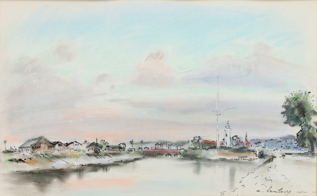 André HAMBOURG (1909-1999). Port à Honfleur Aquarelle, encre et gouache signée