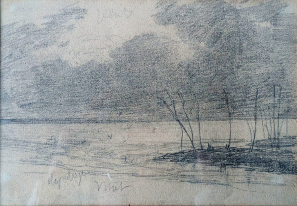 Eugène BOUDIN (1824-1898), attribué à. Paysage au bord de l'eau Dessin au crayon