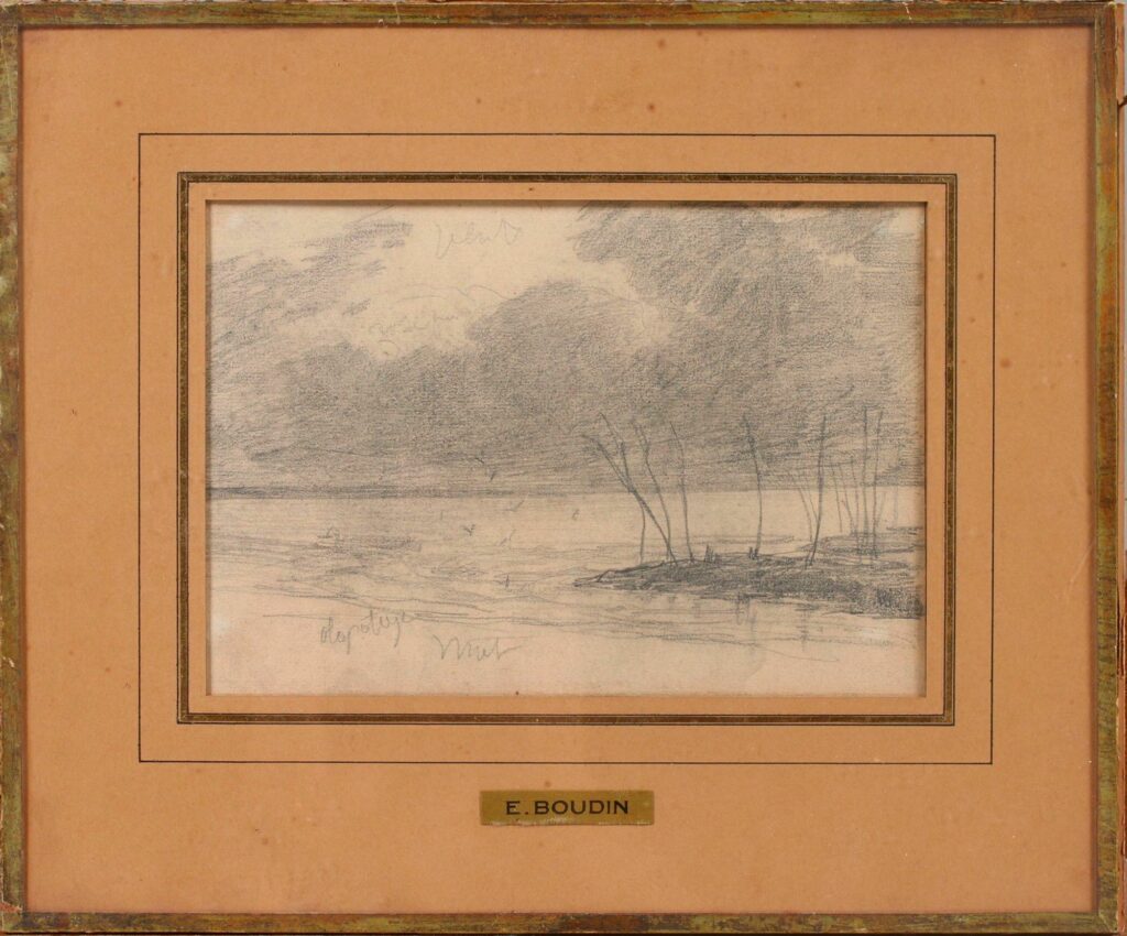 Eugène BOUDIN (1824-1898), attribué à. Paysage au bord de l'eau Dessin au crayon Oeuvre mise en vente par Vichy Enchères le 13 août 2026 © Vichy Enchères/ Photo C. Darbelet