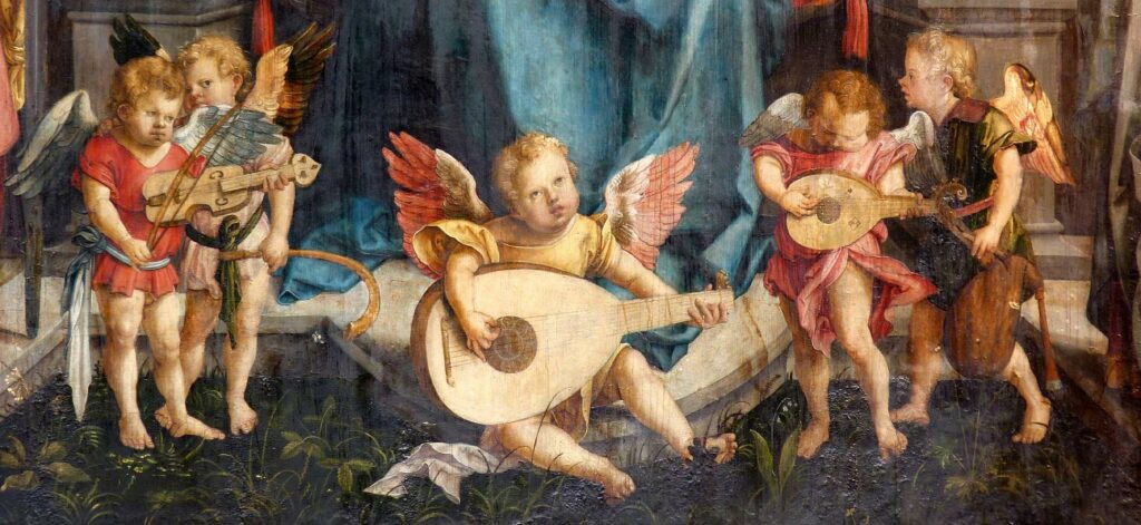 Hans Süß von Kulmbach, d’après un projet d’Albrecht Dürer, Épitaphe du prévôt Lorenz Tucher, 1513, détail du concert des anges, église Saint-Sébald, Nuremberg