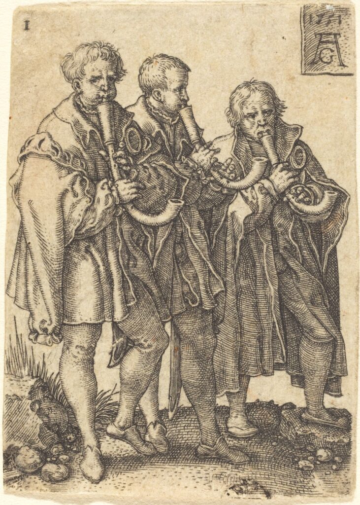 Heinrich Aldegrever, Trois joueurs de cromornes, 1551, gravure, Graphische Sammlung Albertina, Vienne