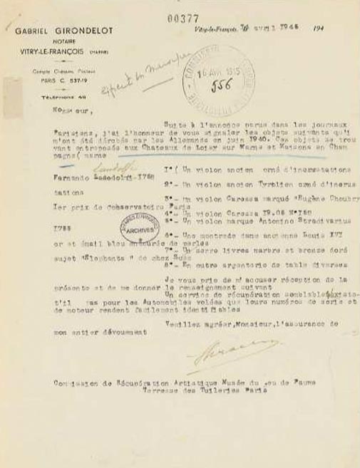 Lettre de Gabriel Girondelot adressée à la Commission de récupération artistique, 14 avril 1945. Archives diplomatiques, dossier Gabriel Girondelot