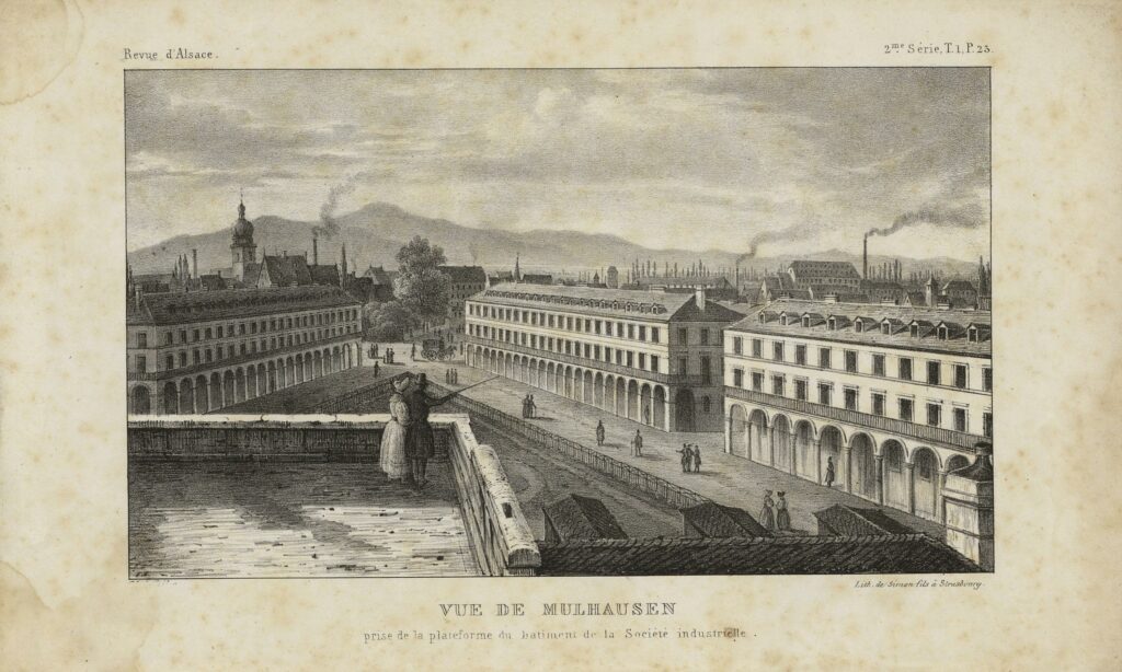 Vue de Mulhausen, prise de la plateforme du bâtiment de la Société industrielle, lithographie de Simon Fils à Strasbourg