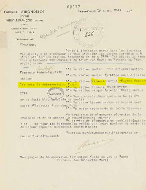 Lettre de Gabriel Girondelot adressée à la Commission de récupération artistique, 14 avril 1945. Archives diplomatiques, dossier Gabriel Girondelot