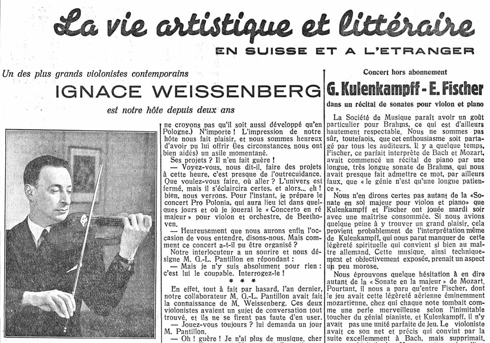 Extrait de l'article, Ignace Weissenberg, un des plus grands violonistes contemporains, L'Impartial, 15 février 1945