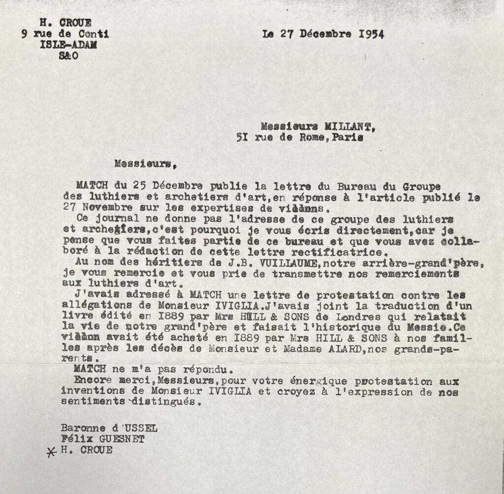 Lettre de remerciements de H. Croué aux Millant datant du 27 décembre 1954. © DR / © Vichy Enchères
