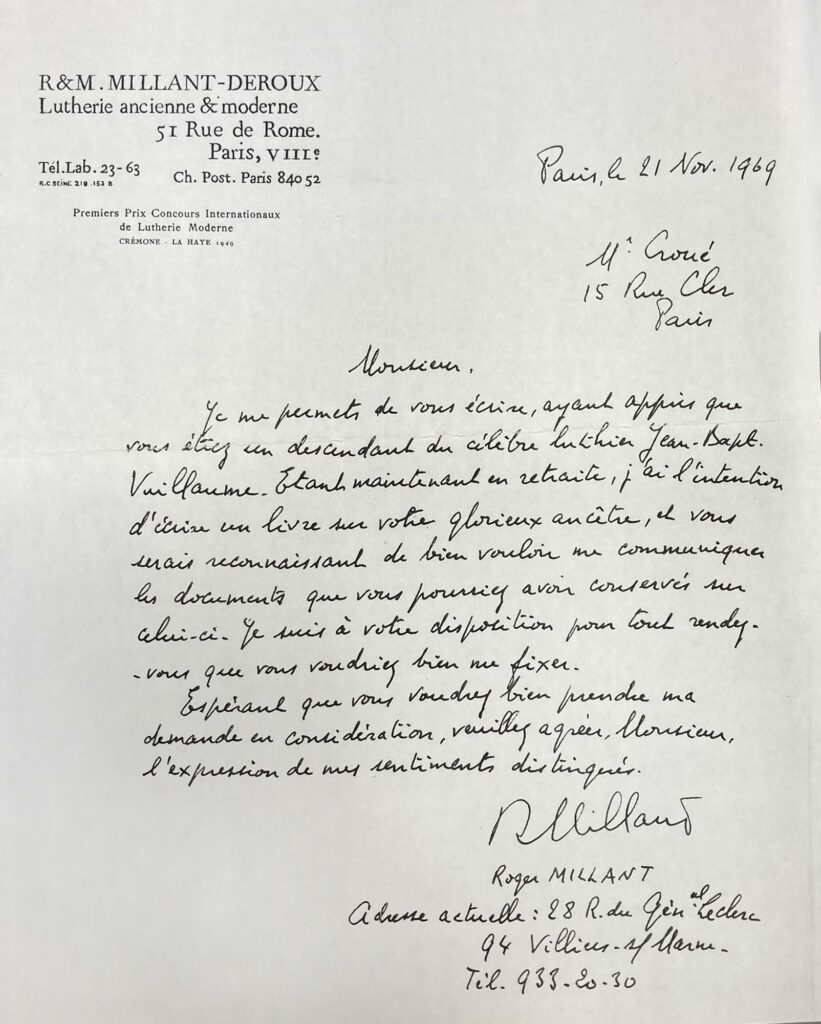 Lettre de Roger Millant à H. Croué, arrière-petit-fils de Vuillaume, datant du 21 novembre 1969. © DR / © Vichy Enchères