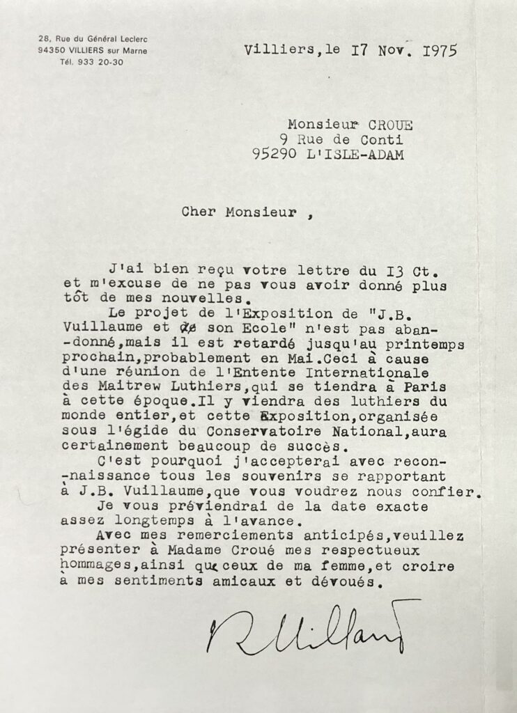 Lettre de Roger Millant à H. Croué, arrière-petit-fils de Vuillaume, datant du 17 novembre 1975. © DR / © Vichy Enchères