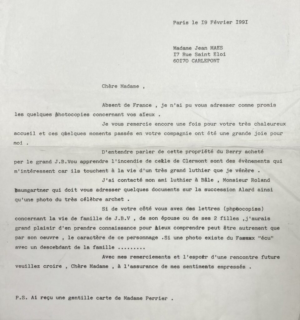 Lettre de Bernard Millant à Madame Jean Maës datant du 19 février 1991. © DR / © Vichy Enchères